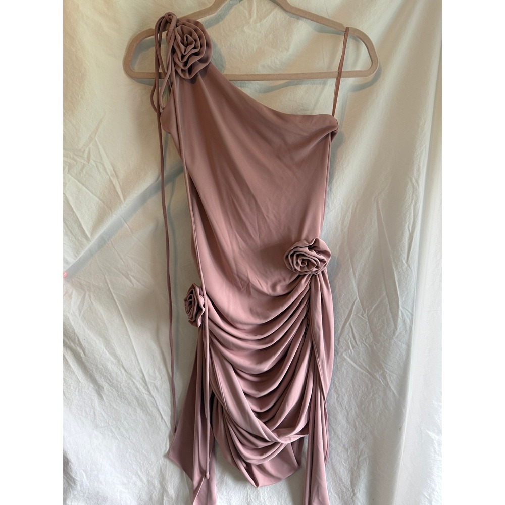 JLUXLABEL Mauve One Shoulder Rosette Ruched Mini Dress Womens Medium Pink Rose
